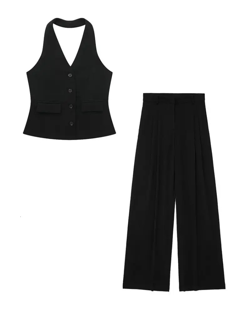 HH Women 2 Piece Set Halter Neck SingleBreasted Pocket Sleeveless Vest TopsHigh Waist Zipper Pockets Wide Leg Pant 260306