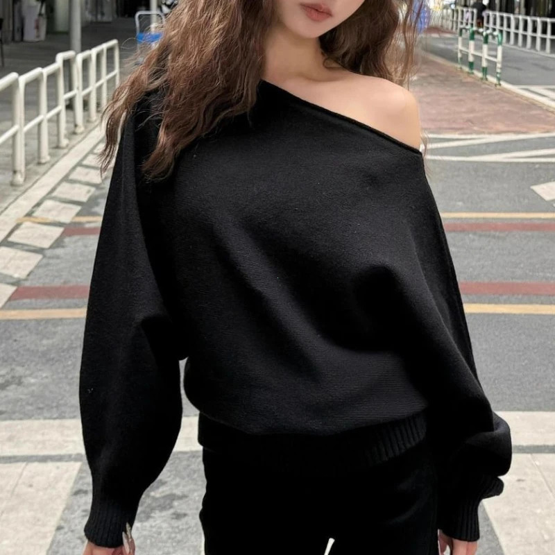 Batwing Long Sleeve Knitted Pullover Women 380g Thick Off Shoulder Top Korean Fashion Sweater Loose Casual Autumn Outwear Pull 260306