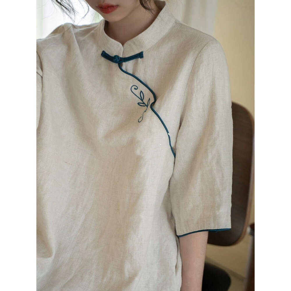 Mardi Hefxessdr Summer Retro Embroidery New Chinese Style Improved Qipao Small Stand Collar Loose Classical Elegant Mid-Length Dress