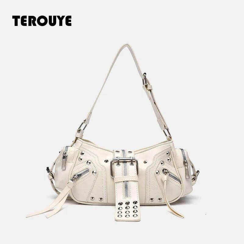 Women's Y2k Punk Vintage Shoulder Purse PU Leather Gothic Rivet Handbag Waist Bag Luxury Black Cross Body Bags With Spikes TEROUYE