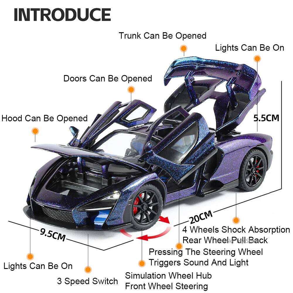1:24 Tourbillon Senna Diecast Alloy Toys Miniature Sports Cars Models Sound Light Pull Back Doors Opened Vehices Christmas Gifts Z260307