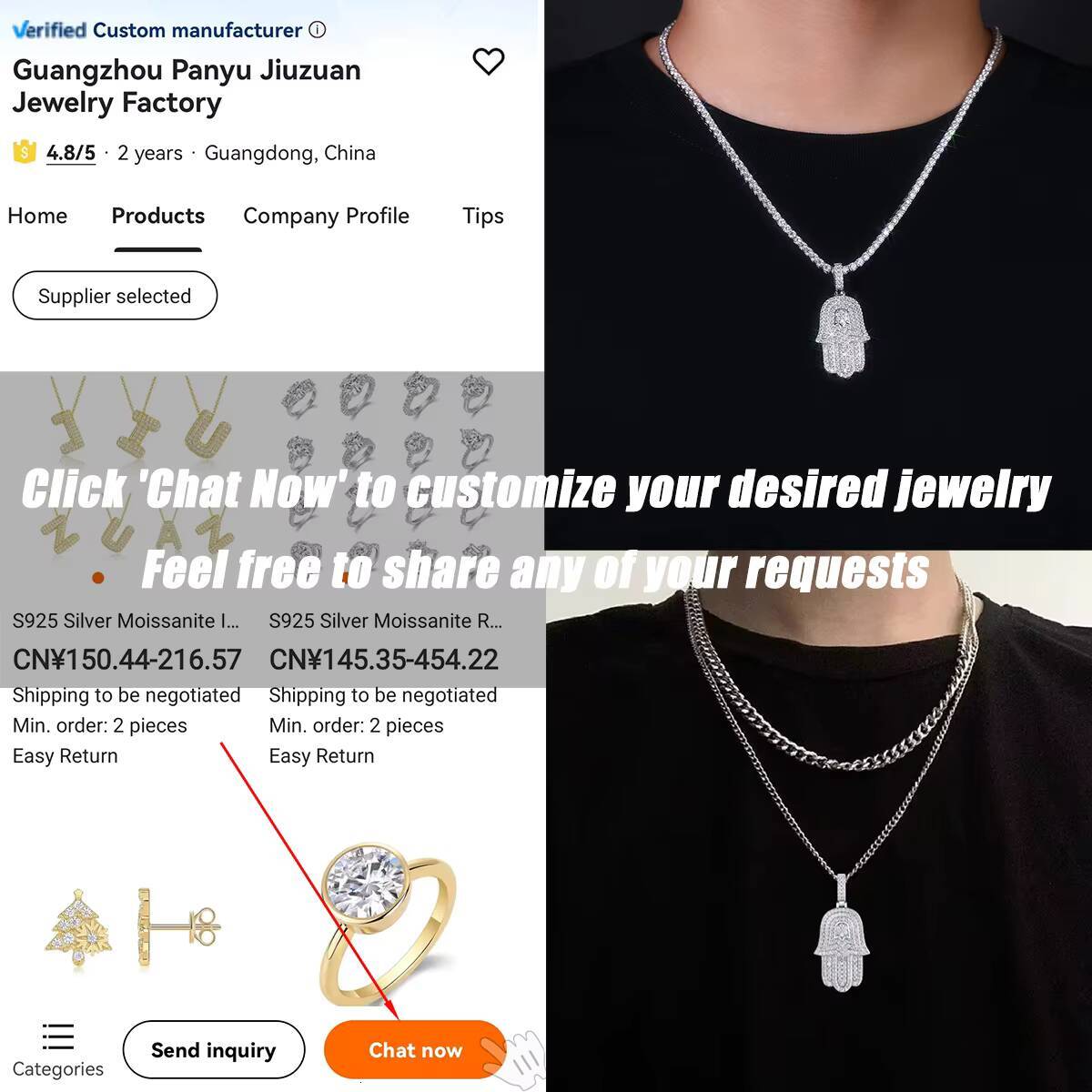 Full Moissanite Hamsa Pendant Necklace 925 Sterling Silver 18K Gold Plated Minimalist Fashion Hip Hop Style GRA Certificate