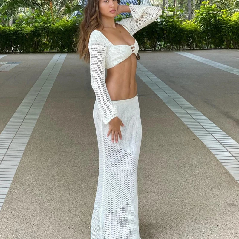 Maemukilabe Vintage 2 Piece Set Knitted Backless Tie Up Crop Tops Low Cut Crochet Hollow Out Tshirt Long Skirt Women Holiday 260306