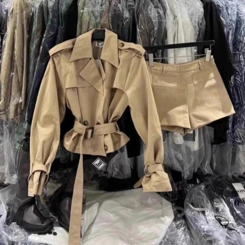 Y2k Long Sleeve Trench Coat Women Vintage High Waist Shorts Autumn Two Piece Sets Crop Tops Casual Streetwear 260306