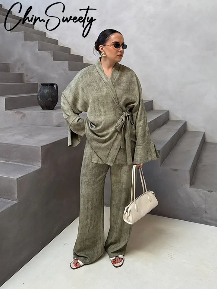 Vintage Cotton Linen Shirt Pant Suit Women Loose V Neck Lace Up Long Sleeves Blouse Wide Leg Pant 2026 Spring Autumn Lady Sets 260304