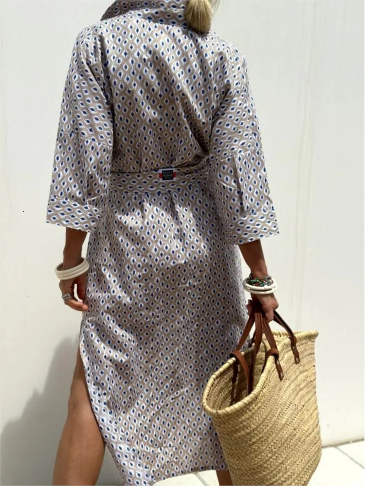 Autumn Long Sleeve Shirt Dress Elegant Belt Long Dress For Women Fashion Print Button Lapel Neck Casual Dresses Robe Femme 260306