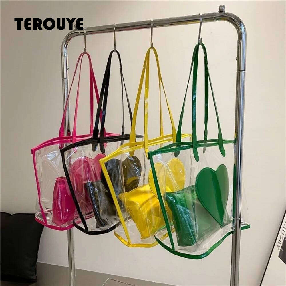 Waterproof Jelly Shoulder Large Capacity Versatile Transparent Handbags Has Inner Pocket Color Contrasting Beach Bag TEROUYE