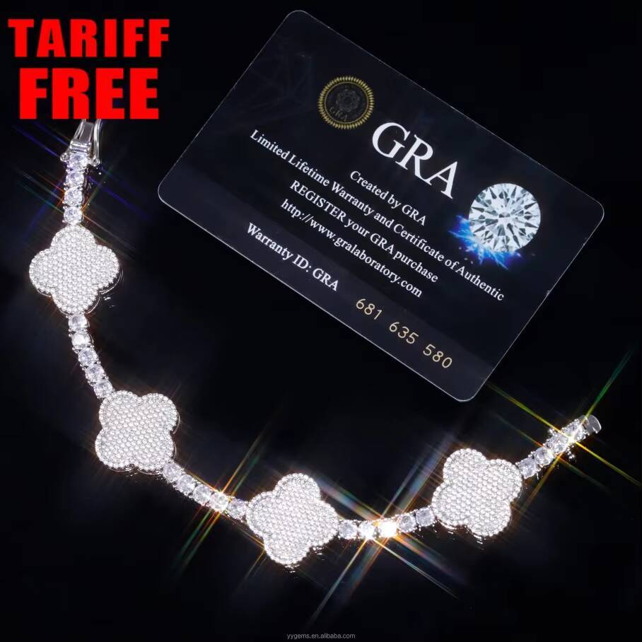 Clover Bracelet S925 Silver Moissanite Hip Hop Jewelry Cuban Iced Out Bracelet 3mm 4mm Moissanite Four Leaf Clover Bracelet