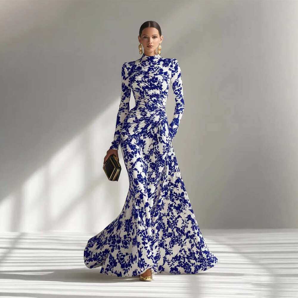 European American Spring And Autumn Fashion Women's Long-Sleeve Printed Pleated Long Elegant Gown Dress