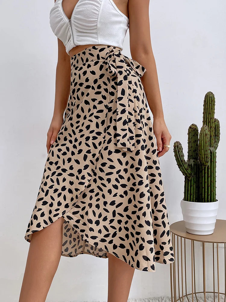 Benuynffy Boho Women Casual Print Tie Side Wrap Skirt Elegant High Waist Female Summer Asymmetrical Knee Length A-Line Skirts 260306