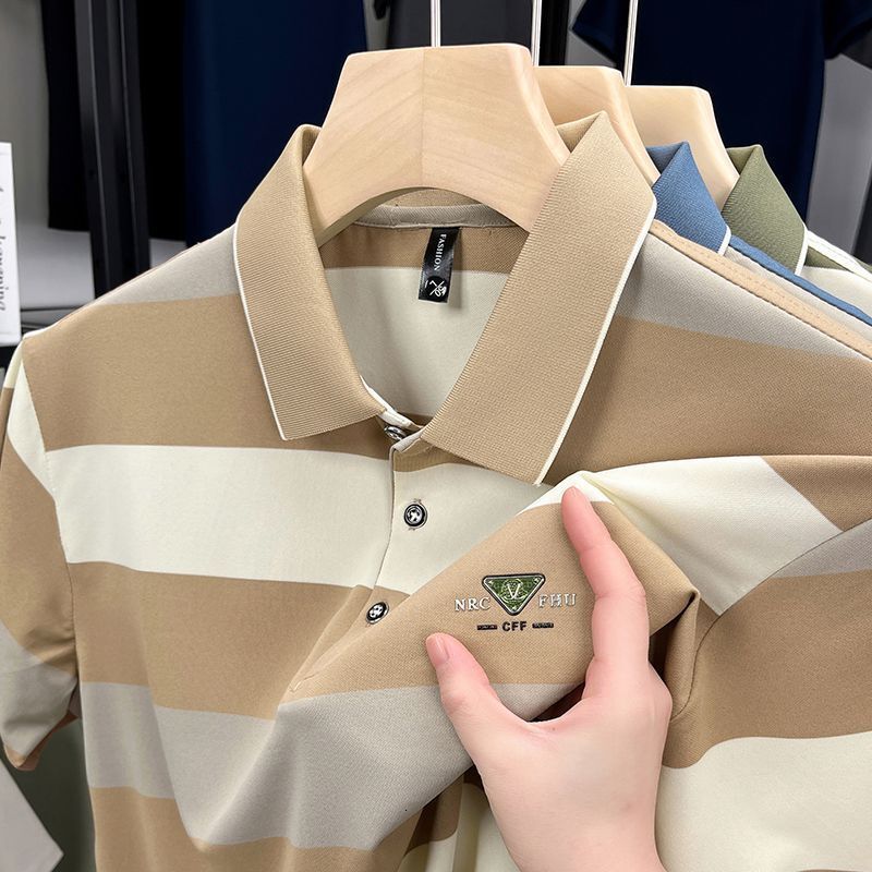 Luxury Brand Designer Clothes Summer New Business Casual Color Woven Stripe Polo Shirt Short Sleeve Wide Stripe Turn-Down Collar Short Sleeve T-Shirt 