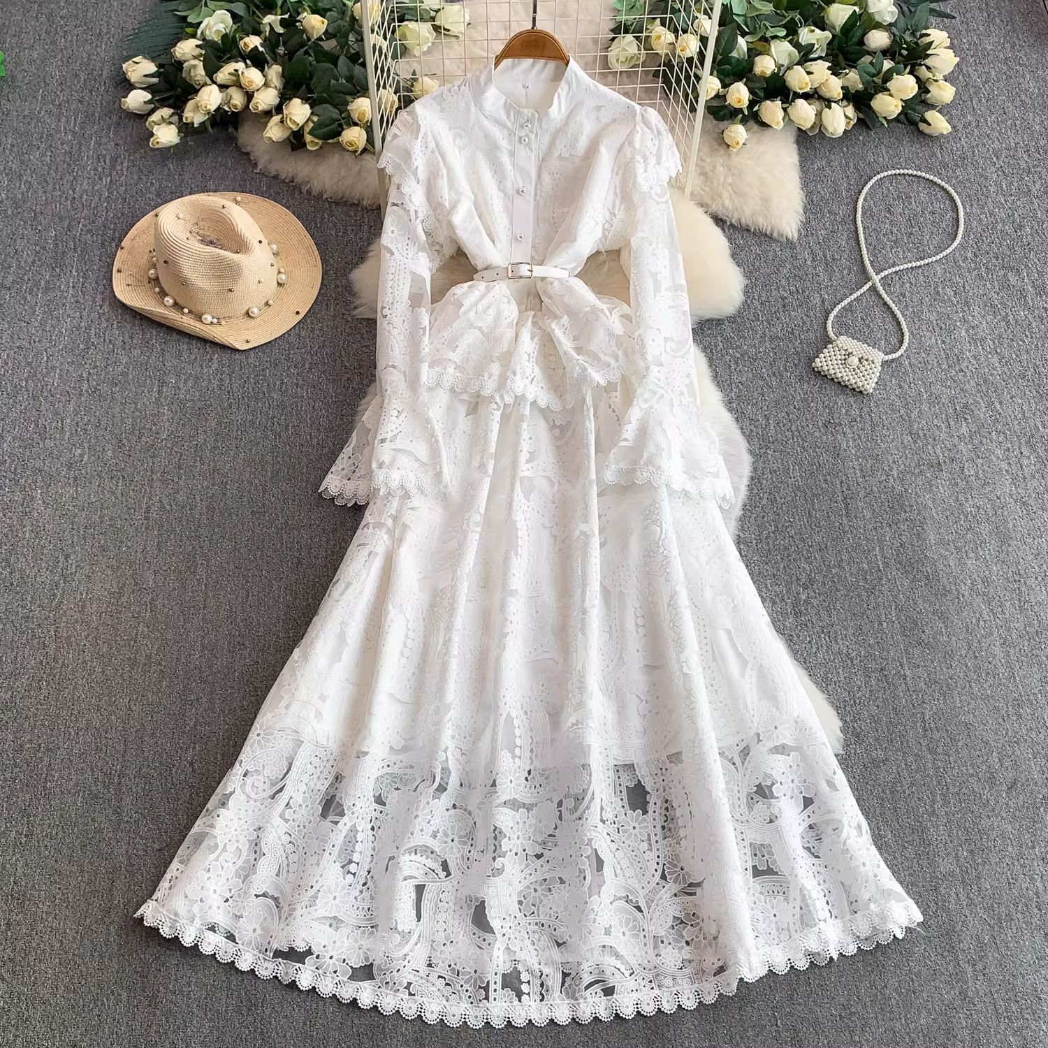 French Style Elegant And Dignified Wedding Dress For Women With High-end Feel Fairy-like Lace Waist-cinching Elegant Bell Sleeves Long Dress