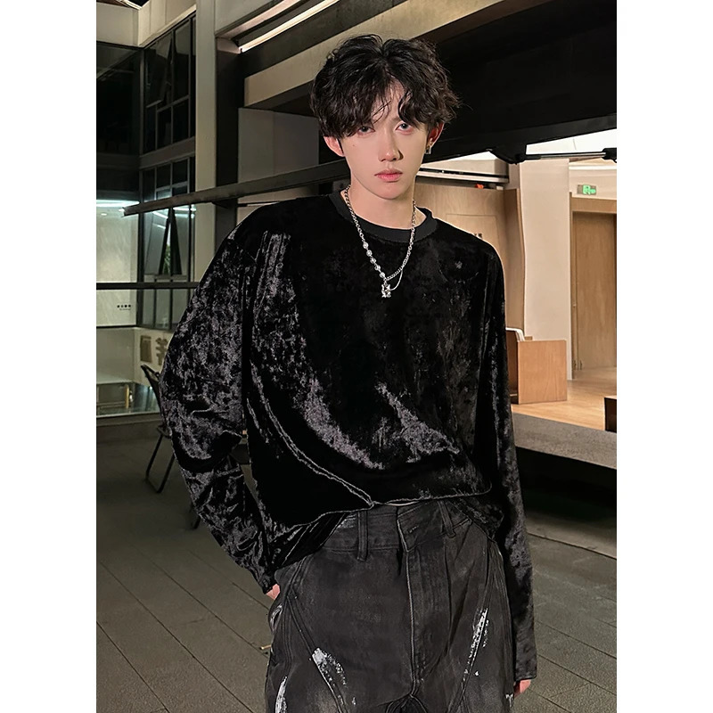 men vintage velvet long sleeve t shirt Crew neck hip hop casual tees tops man autumn harajuku velour streetwear camisetas 260302