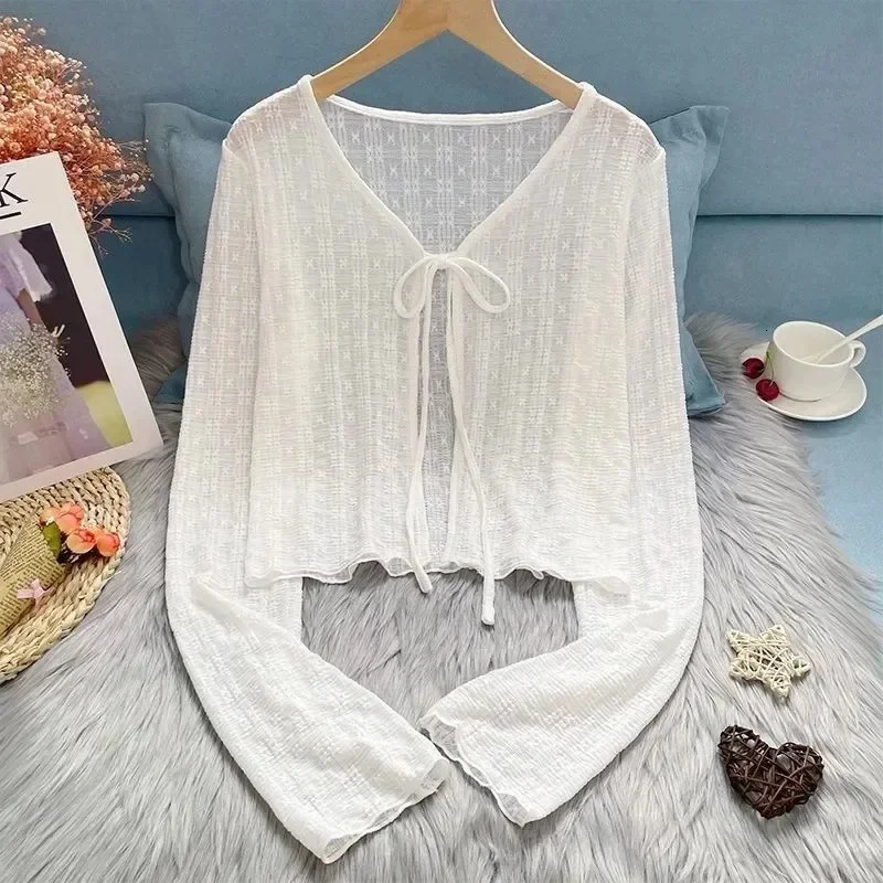 Womens Knitted Summer Top Thin Short Sleeve Bow n Korean Cardigan Fashion Casual Solid Color Sun Protection Y2k Blouse 260306