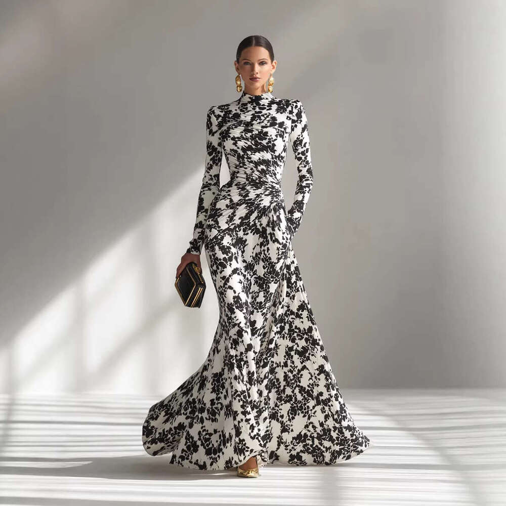 European American Spring And Autumn Fashion Women's Long-Sleeve Printed Pleated Long Elegant Gown Dress