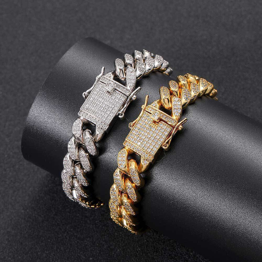 European and American Hip-Hop Zircon Bracelet 12mm Double Full Cuban Chain Real Gold Plated High-Quality Men's Jewelry Row Diamond