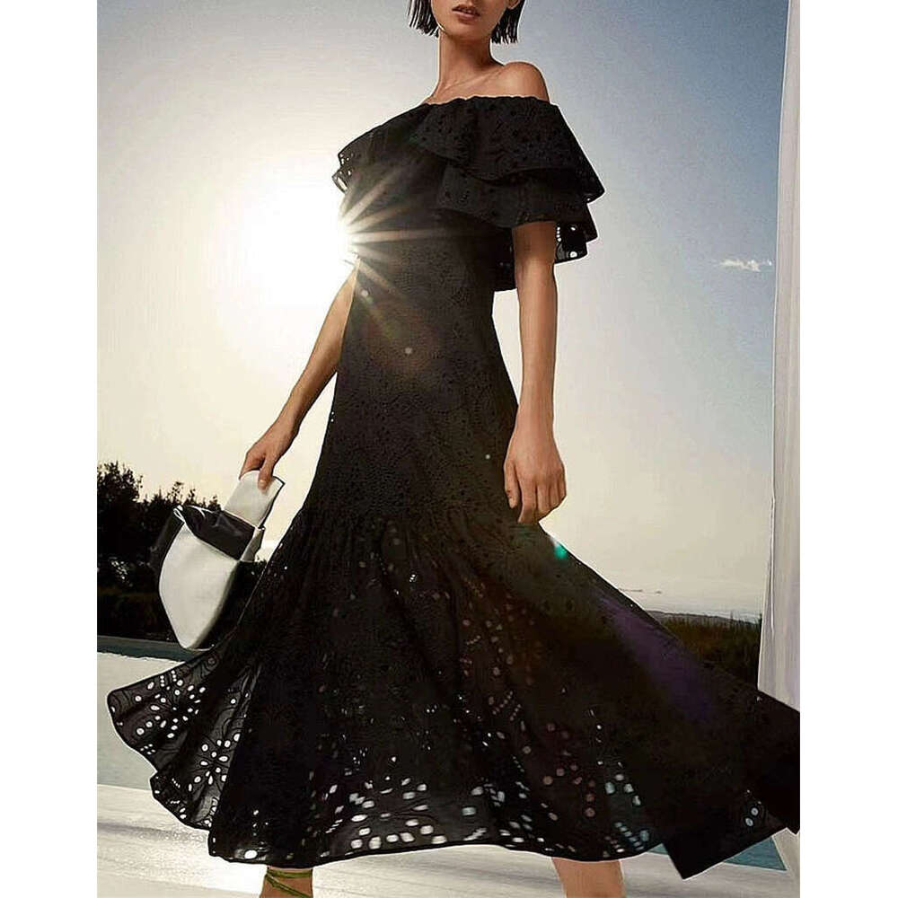 2026 summer niche fashion brand goddess off shoulder pleated embroidery hollowed out large swing fairy vacation long skirt