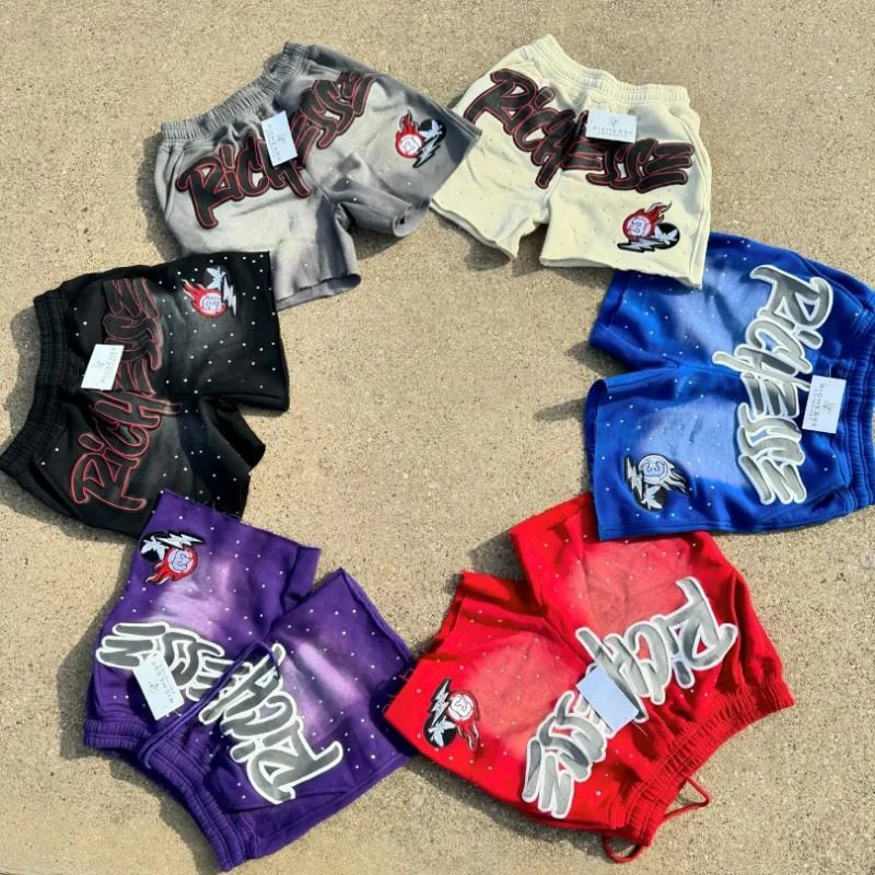 Y2K Harajuku Men Shorts Rhinestone Letter Print Cotton sweatpants Fashion Hip Hop Basketball Streetwear Loose Casual Shorts 260306