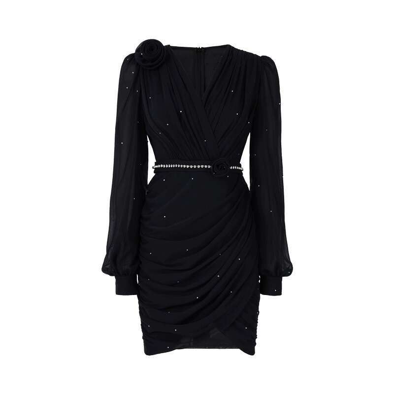 2026 Spring and Summer Designer Fashionable French Romantic 3D Flower Slimming Luxury V-neck Tight Mini Dress