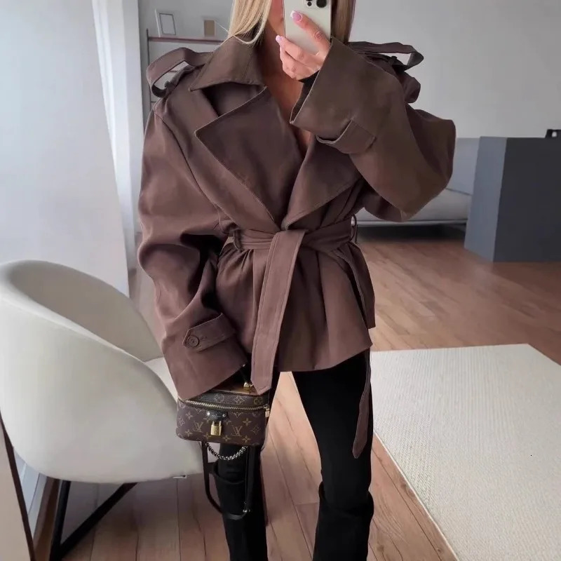 F Fashion Lace up Cropped Trench Coat Women Lapel Long Sleeves Wide Shoulder Windbreaker Jacket Fall Commuting Daily Jackets 260228