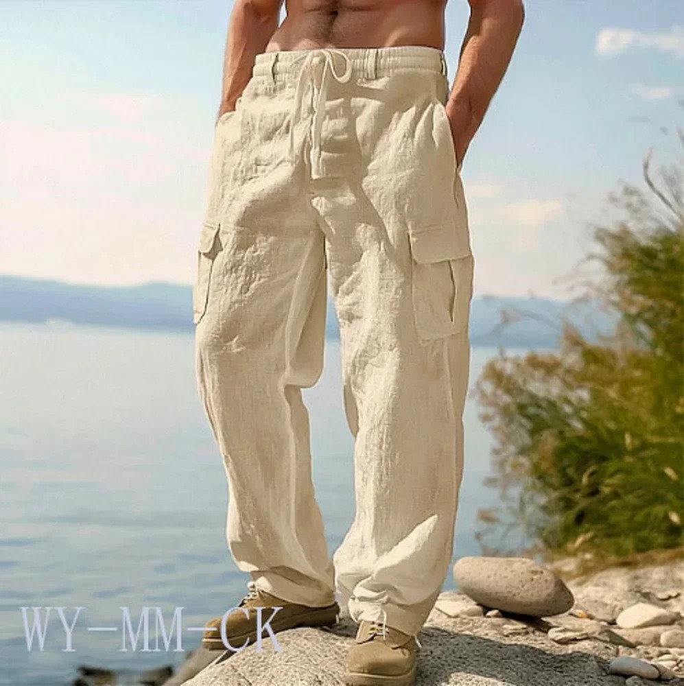 2026 European And American Mens Cotton And Linen Trousers Multi-pocket Work Pants Loose Straight Sportswear And Casual Trousers 260305