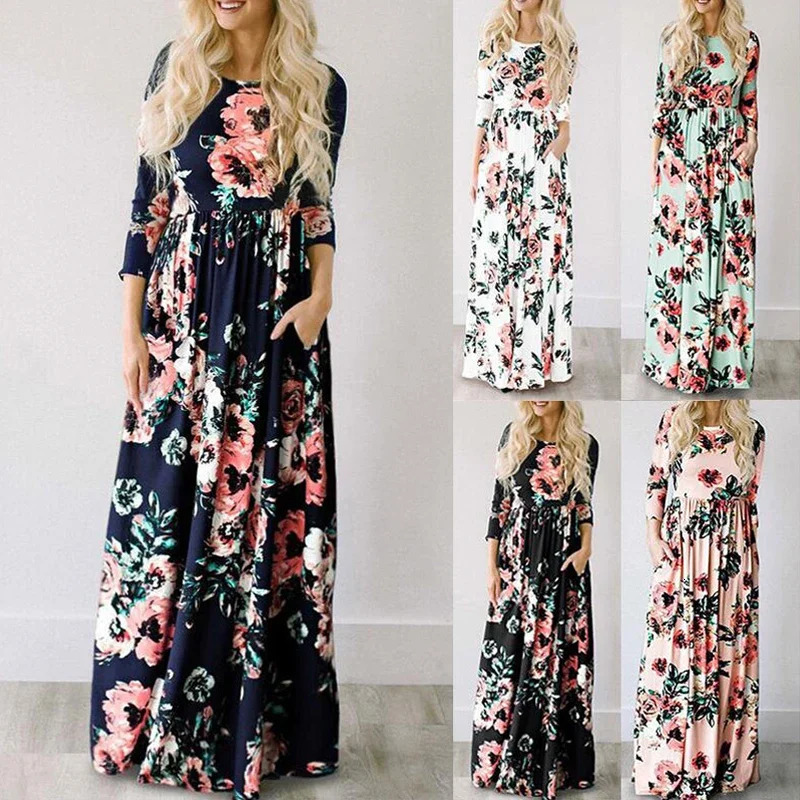 Women Summer Floral Print Maxi Loose White Boho Beach Dress Women Vintage Evening Party Long Dress Vestidos Female Robe 260304