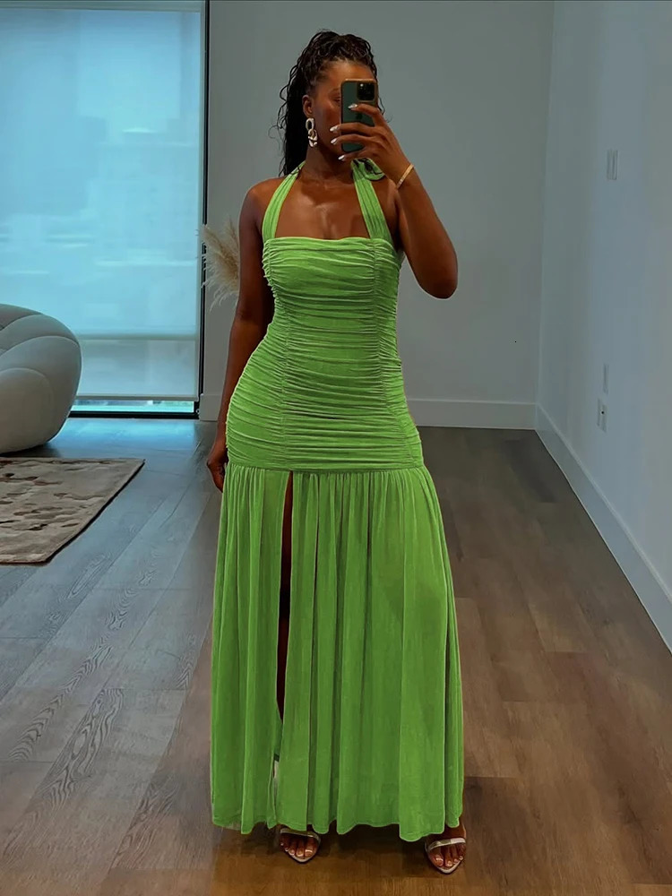 Nibber See Through Hem Dress Women Ruched Halter Summer Trend Sleeveless Backless Patchwork Midnight Clubwear Party Maxi Bodycon 260306
