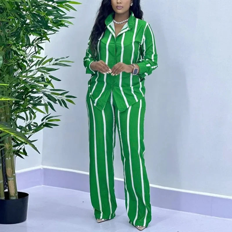 African Fashion Stripe Two Piece Set Women Spring Autumn Casual Button Long Sleeved Shirt Wide Leg Pants 260306