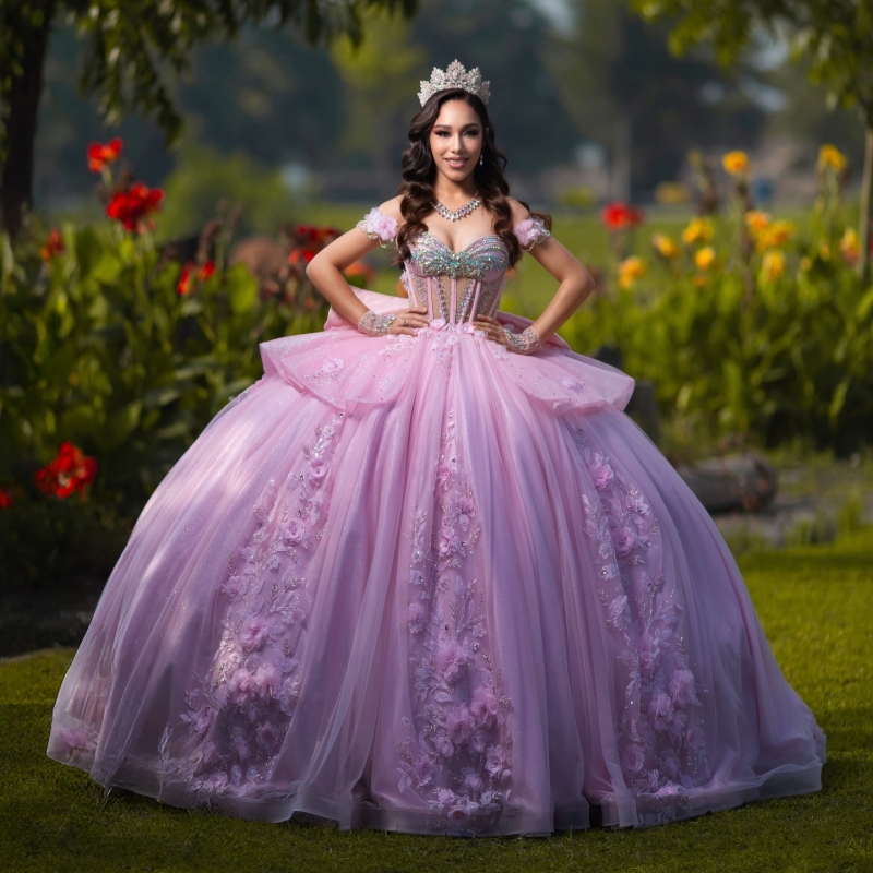 Pink Quinceanera Dresses Ball Gown Off The Shoulder Applique Flower Beading Crystal Bow Tull Corset Party Birthday Sweet 16 Dress Vestidos 15 De Anos
