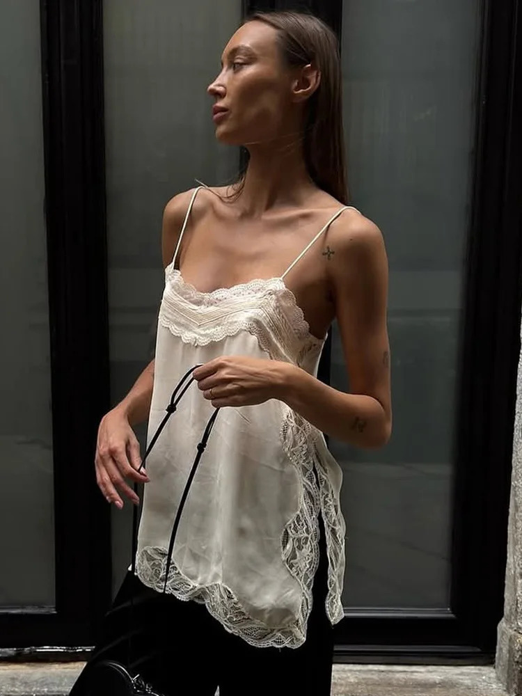 HH Female Summer Fashion V-neck Lace Spliced Split Sexy Backless Sling Top Women Elegant Party Style Casual Camisole Top 260306