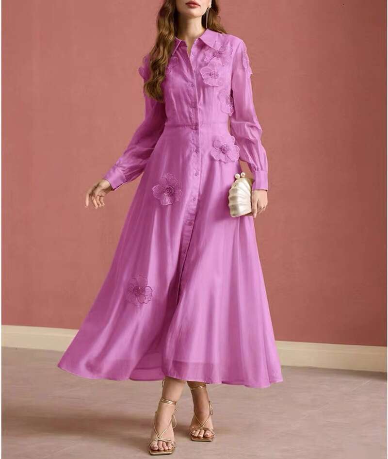 2026 Spring and Autumn Season, European and American niche ladies' style commuting 3D floral solid color big a3 hem shirt dress