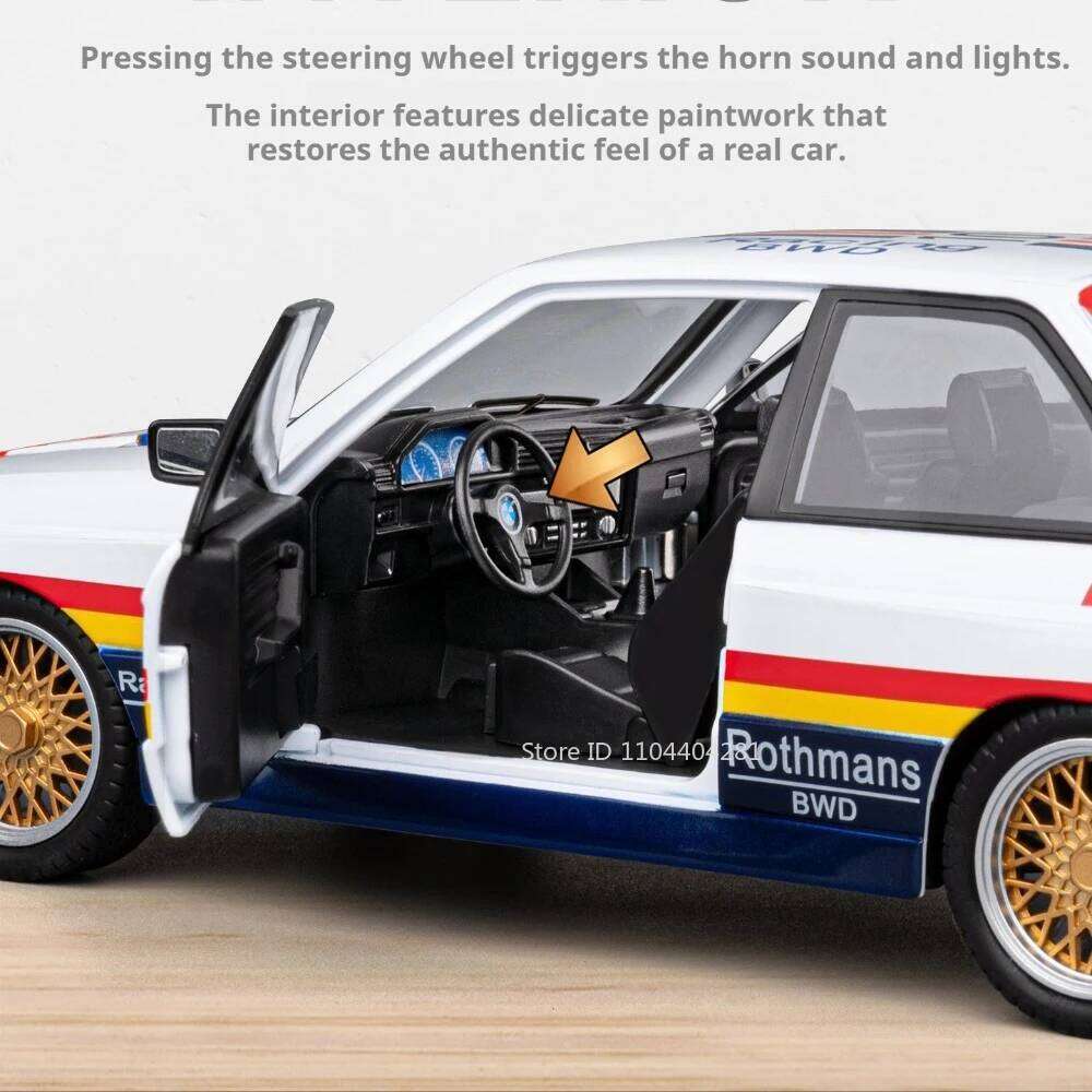 1:24 M3 M4 Miniature Model Toys Diecast Alloy Car Front Wheel Steering with Sound Light Pull Back Vehices Kids Collect Ornaments Z260307