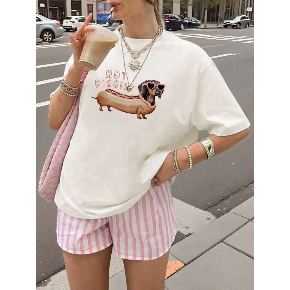 Hot Diggity Dachshund Dog Prints T-Shirt Women Cotton Summer Short Sleeve Comfortable Soft O-Neck Tops Casual Womans Clothes XJ260306