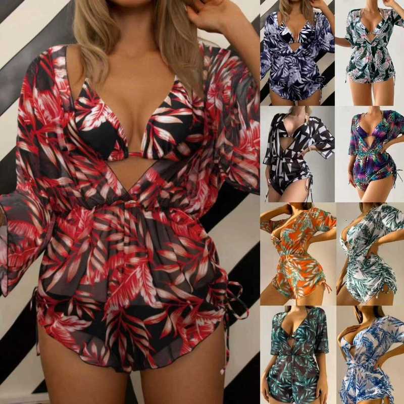 Women's Swimwear New Three-Piece Bikini Set Leaf Print Waist-Tie Fashion Long Sleeve Beach Sun Protection Swimsuit