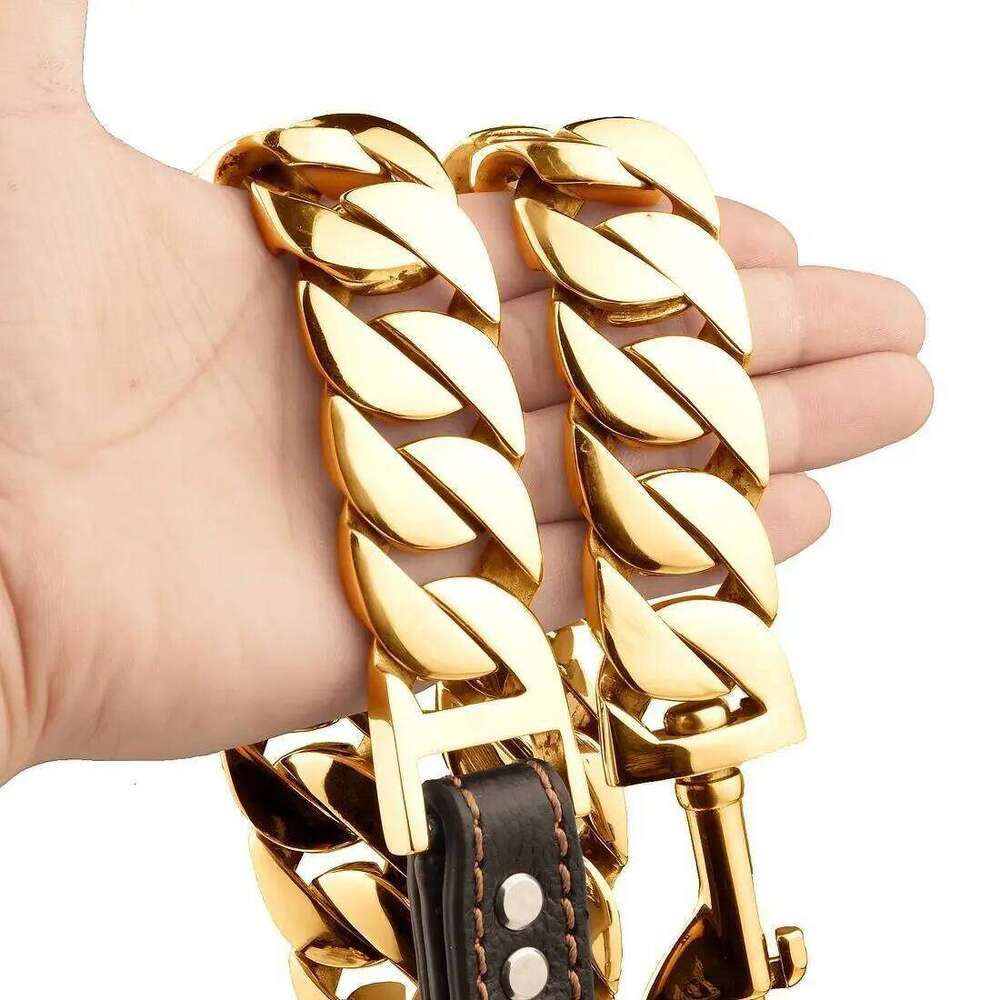 Stainless Steel Pet Lead Traction Super Strong Gold Chain 32Mm 19Mm Bulldog Pitbull Large Dog Collar Leash Bamubi