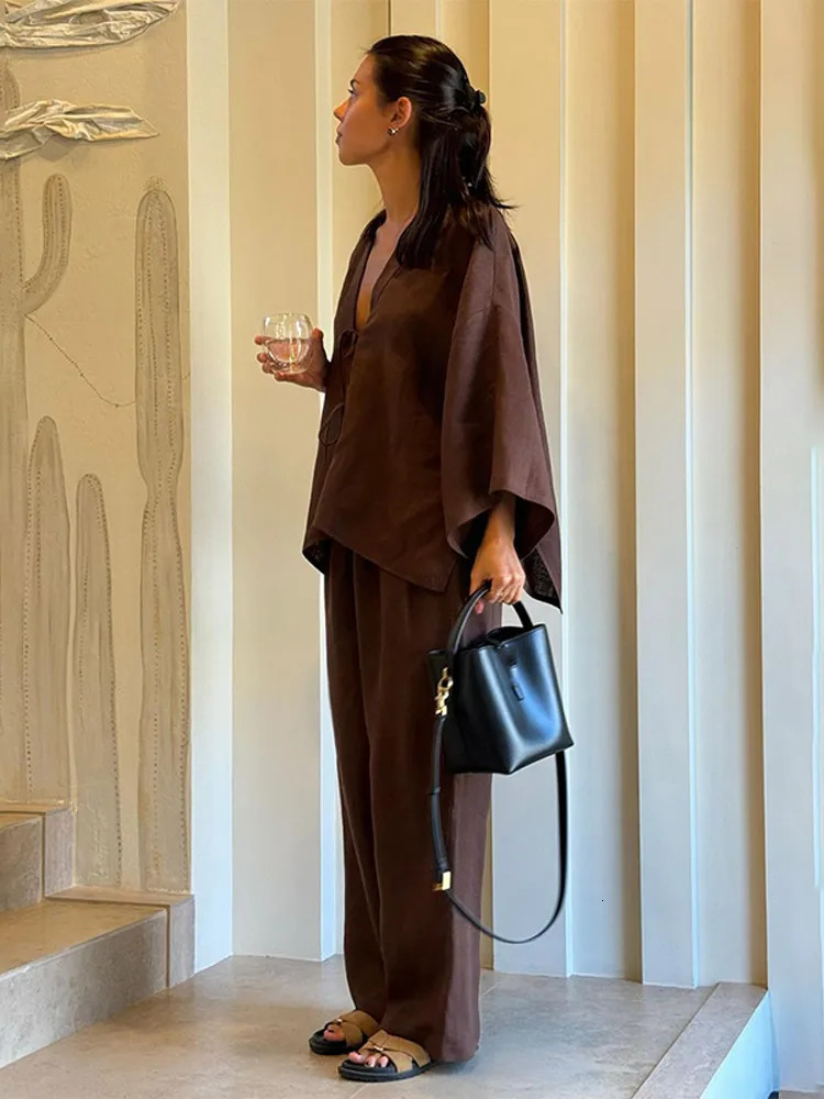 Brown Cotton Linen Suit For Women Chic Full Sleeves V-neck Lace-up Cardigan Loose Pants Set 2026 Summer Lady Casual Streetwear 260304