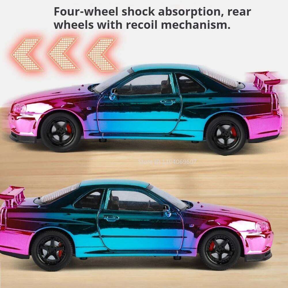 1:24 GTR-R34 Alloy Car Diecast Model Toys Front Wheel Steering with Sound Light Pull Back Miniature Vehices Kids Christmas Gifts Z260307