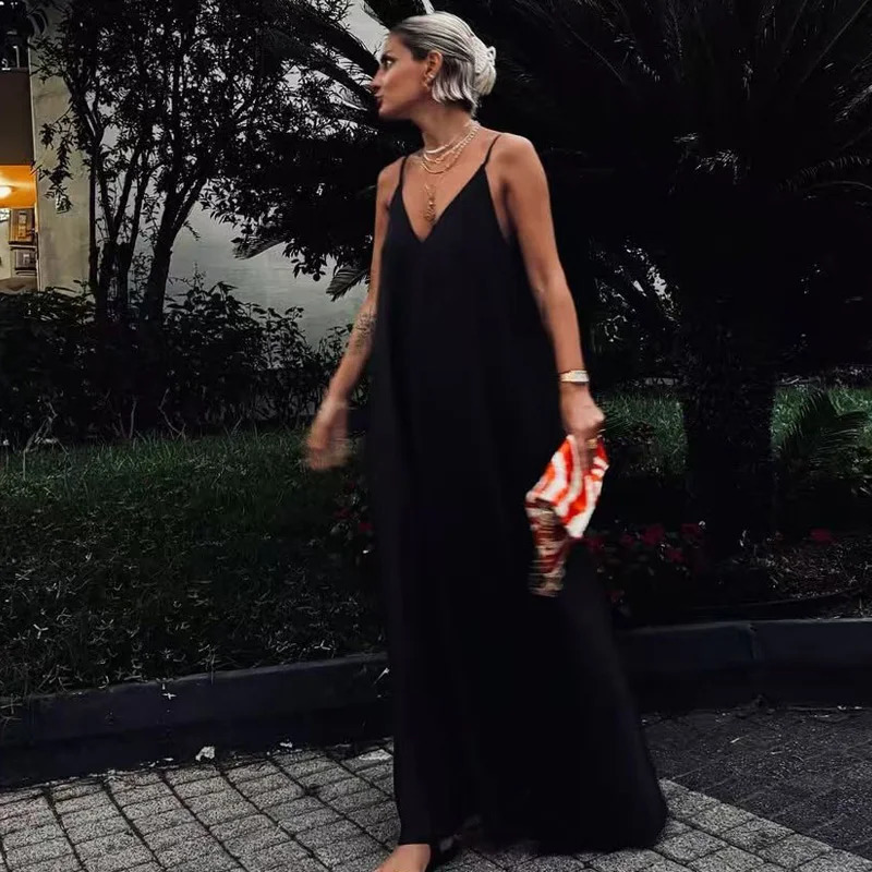 HXAO Womens Slip Dress Summer Green Red Black Dress Casual V-Neck Backless Long Dresses Sleeveless Vestidos Resort Dresses 260306