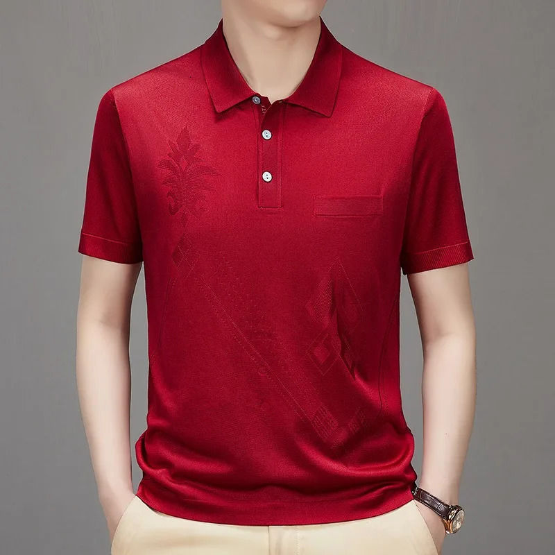 High End Mens Polo Shirts Casual Smooth Shiny Silk Short Sleeve Tennis Shirt Summer Business Dangling Mercerized Cotton T-shirt 260305