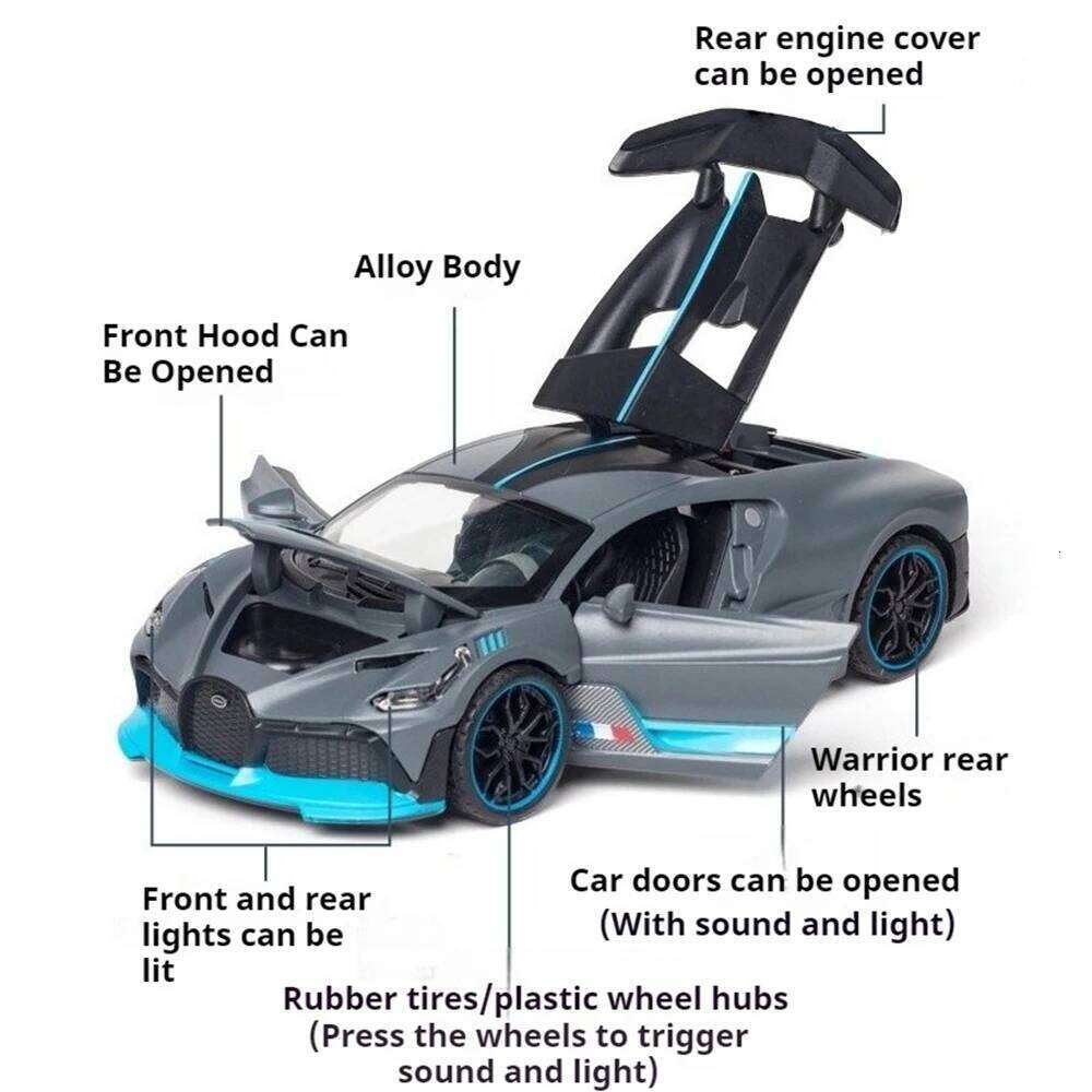 1:32 Bolide Divo Model Miniature Toys Diecast Super Sport with Sound Light Pull Back Doors Opened Metal Vehice Kids Holiday Gift Z260307