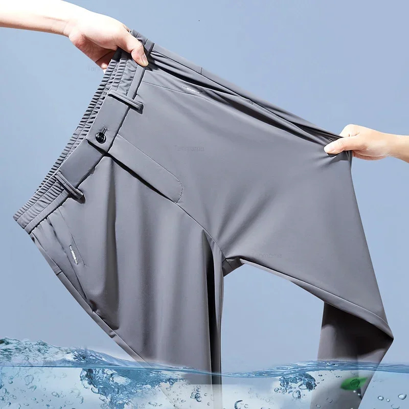 Ultra-thin Elastic Mens Casual Trousers Summer Quick-drying Ice Silk Slim Straight Business Solid Color Trousers Black Gray 260306