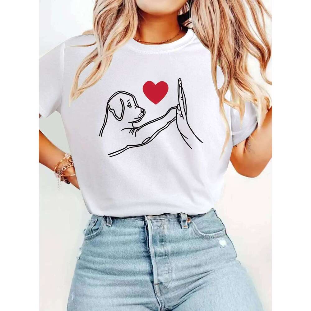 Cute Puppy High-Five Heart Graphic Print Harajuku Short Sleeve Casual Women's T-shirt Clothing Street Tops Tees XJ260306 XJ260306