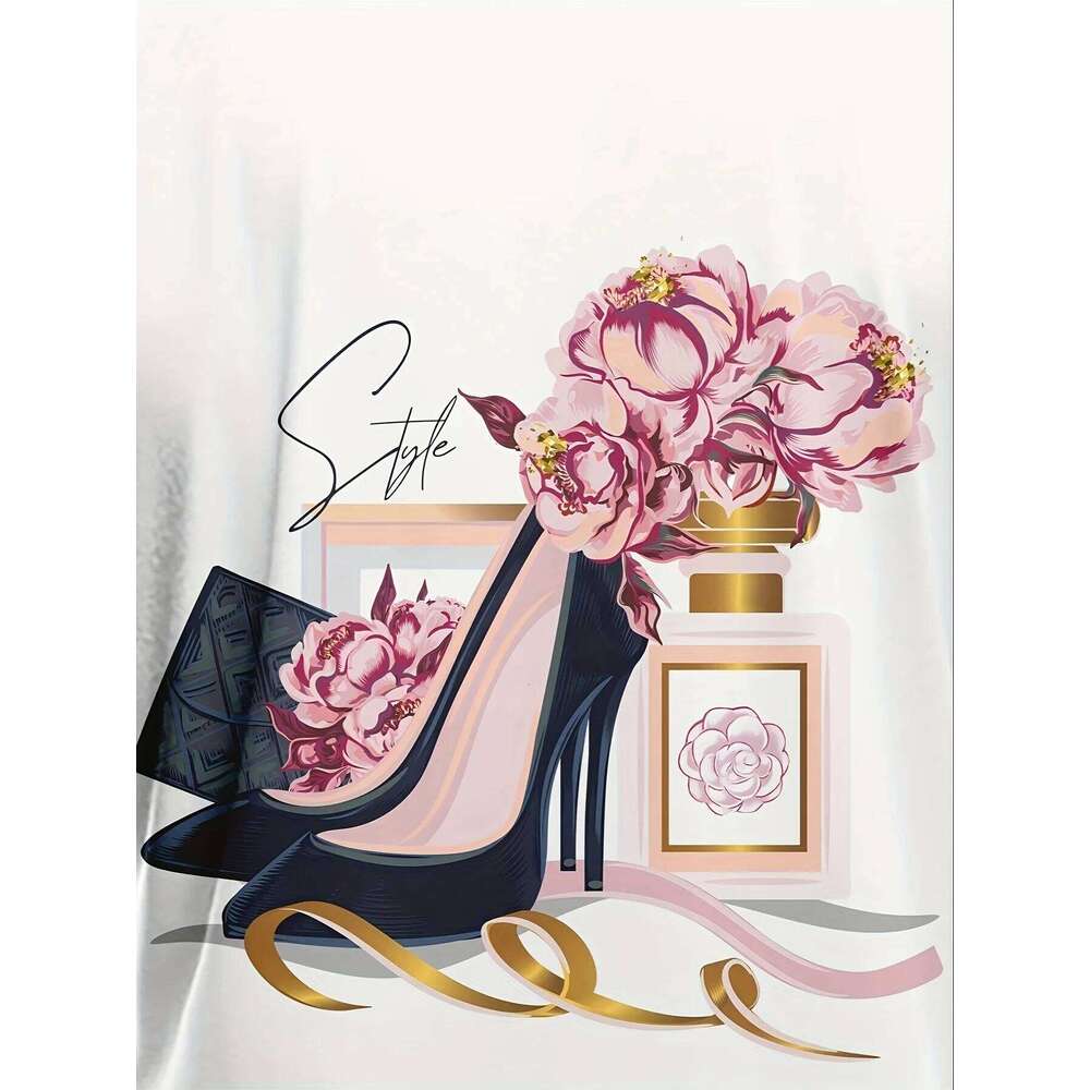 Chic 3D Pink Rose & Black High Heel Print T-Shirt for Women - Casual Short Sleeve Crew Neck Top Breathable XJ260306