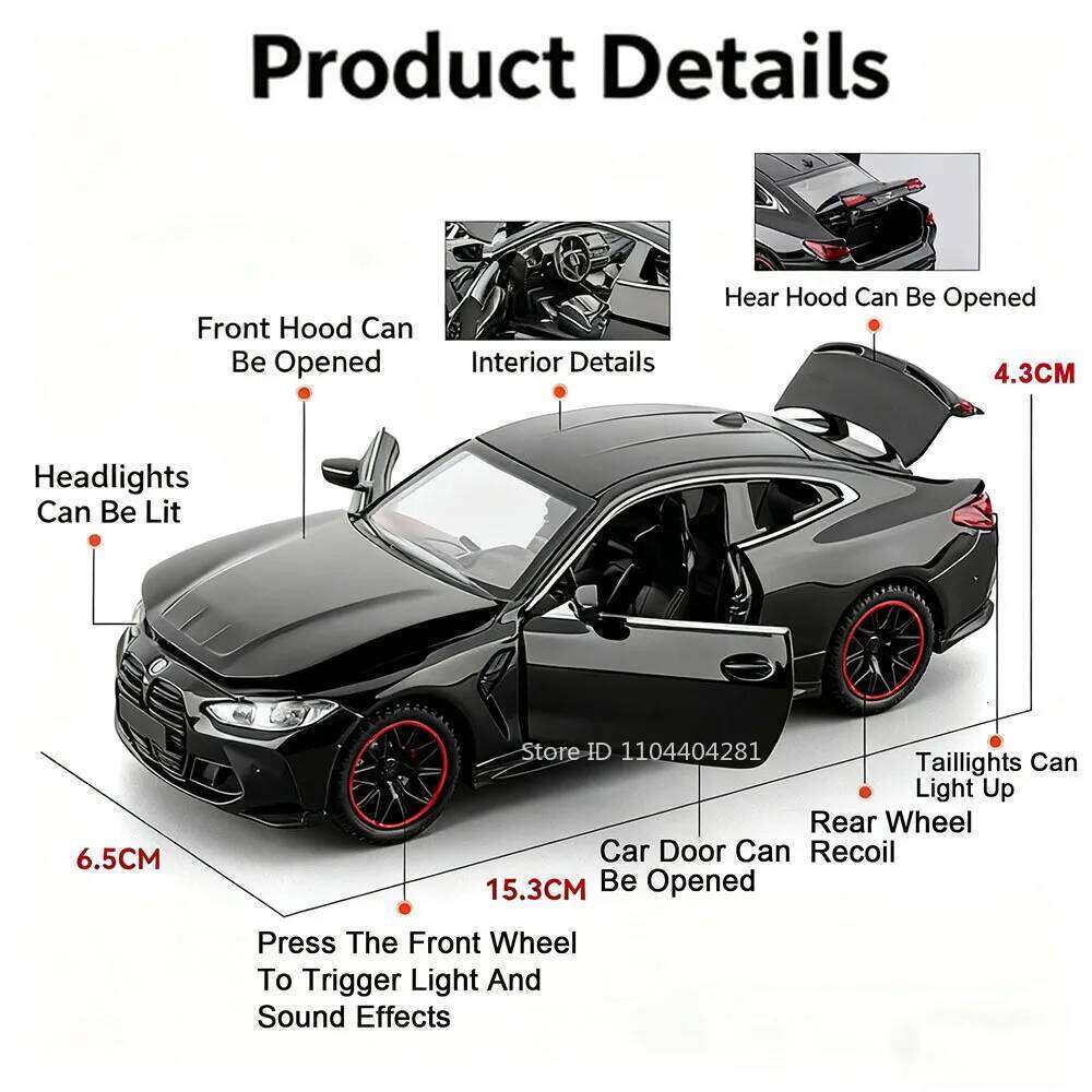 1:32 Scale M4 GTR Alloy Sports Car Model Diecast Toys Doors Opened Sound Light Pull Back Miniature Toy Popular Gift for Children Z260307