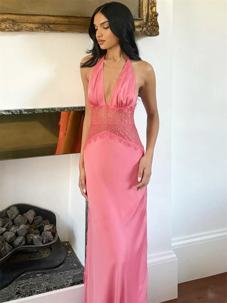 Tossy VNeck Lace Patchwork Long Dress For Women SeeThrough Backless LaceUp High Waist Party Female Bandage Maxi 260306