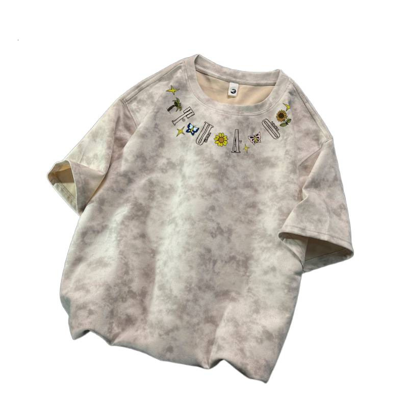 Luxury Brand Designer Clothes American-Style Tie-Dye Faux Suede Short-Sleeve T-Shirt For Men, Summer Printed Trendy Brand, Ins High Street Loose Fit, 