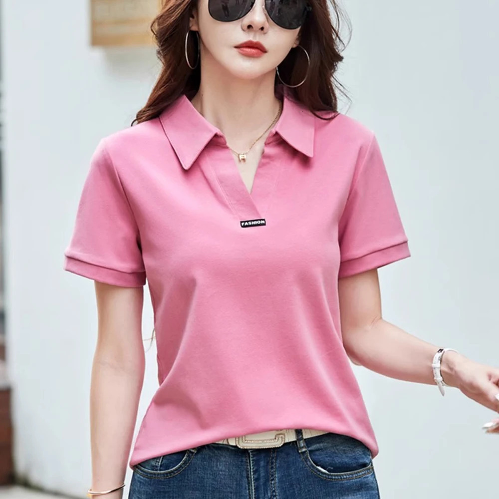 European Station Polo Neck Short sleeved Tshirt Womens Summer Fashion Light Loose Large Cotton Vneck Casual Top 260228