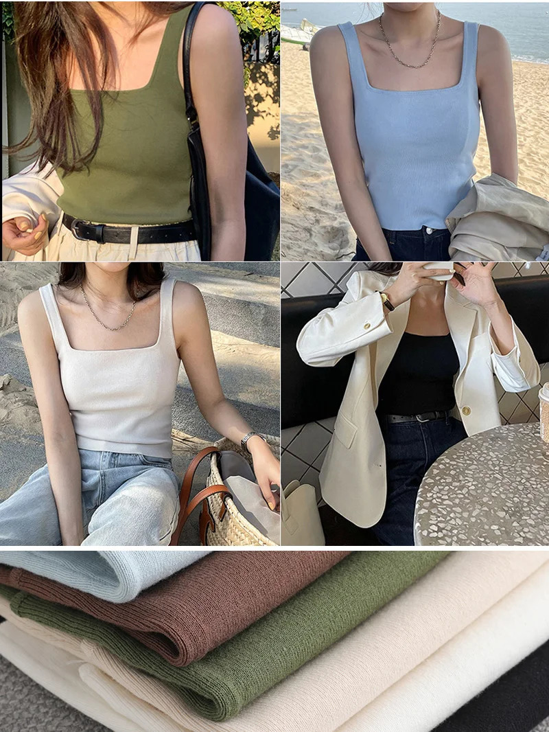 high quality chic basic U-NECK Summer white knit Women tank top sexy sleeveless t-shirt vintage top casual crop top t shirt 260306