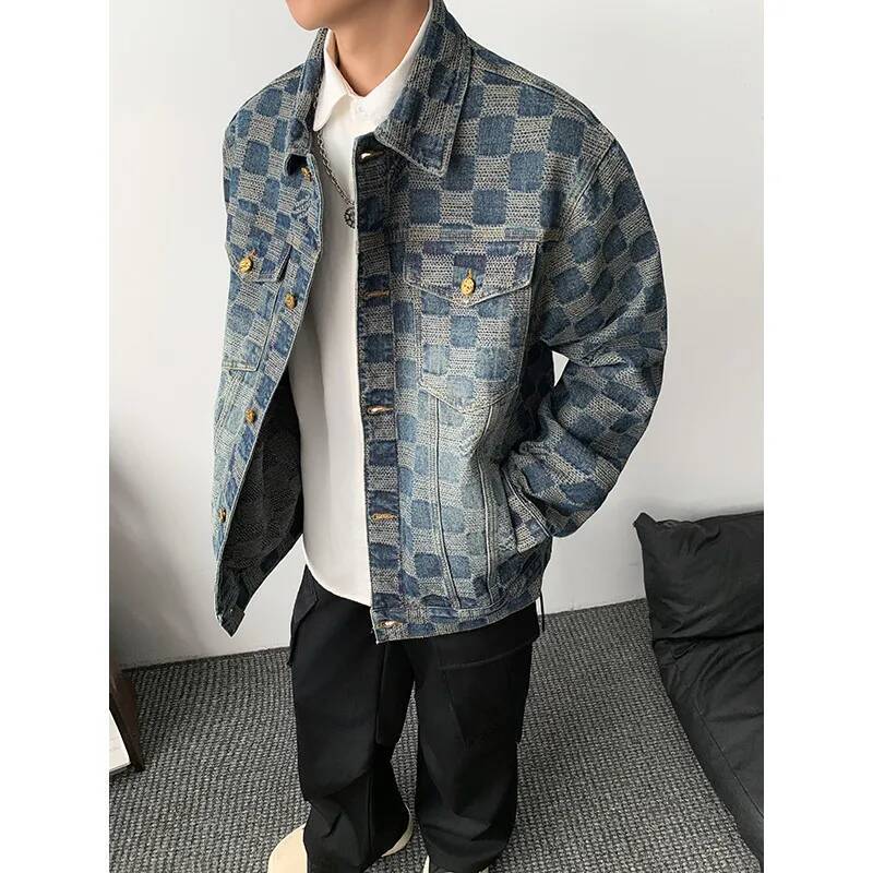 Vintage Loose Men's plaid Print Denim Jacket Spring Autumn Casual Versatile Hipster Long Sleeve Outerwear Coat