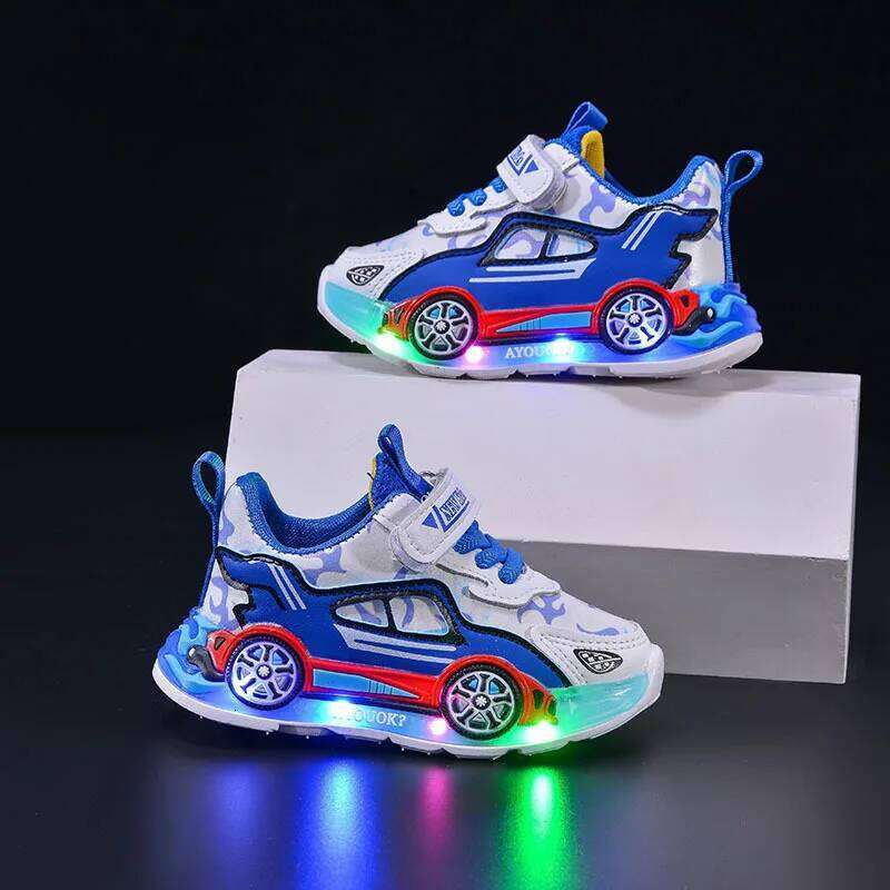Spring Kids Shoes New Fashion Versatile Casual Anti Slip Cartoon Car Boy Shoe LED Lights Simple Trendy Sneakers H260207 H260305